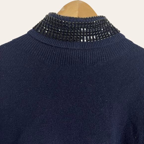 Alexander Wang Navy Blue Crystal Collar Wool Turtleneck Sweater Size L - Picture 5 of 11